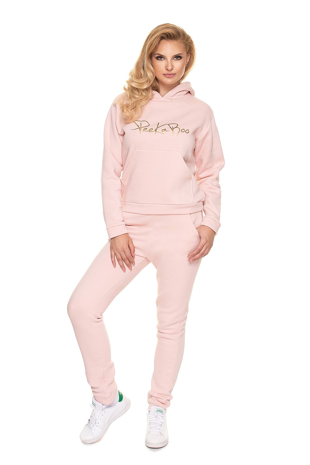 PeeKaBoo Soft Cotton Tracksuit Set With Hood - Stylish Sweatshirt & Pants in EU Sizes, featuring a model in a soft pink hoodie and matching pants, showcasing a luxurious and fashionable look.