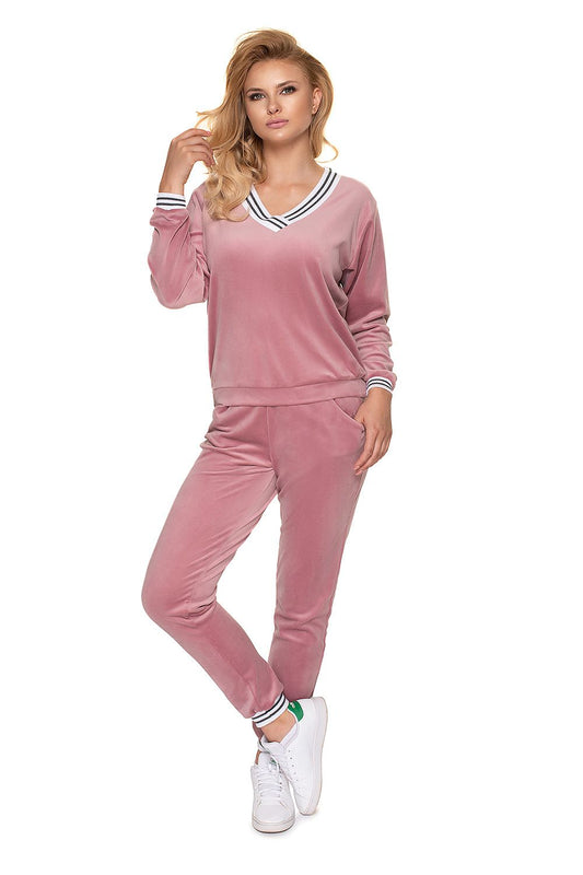 Luxury Velour Tracksuit Set with V Neckline & Contrasting Piping, featuring a stylish model wearing the soft pink set, perfect for casual elegance. Available in Sizes S/M & L/XL.