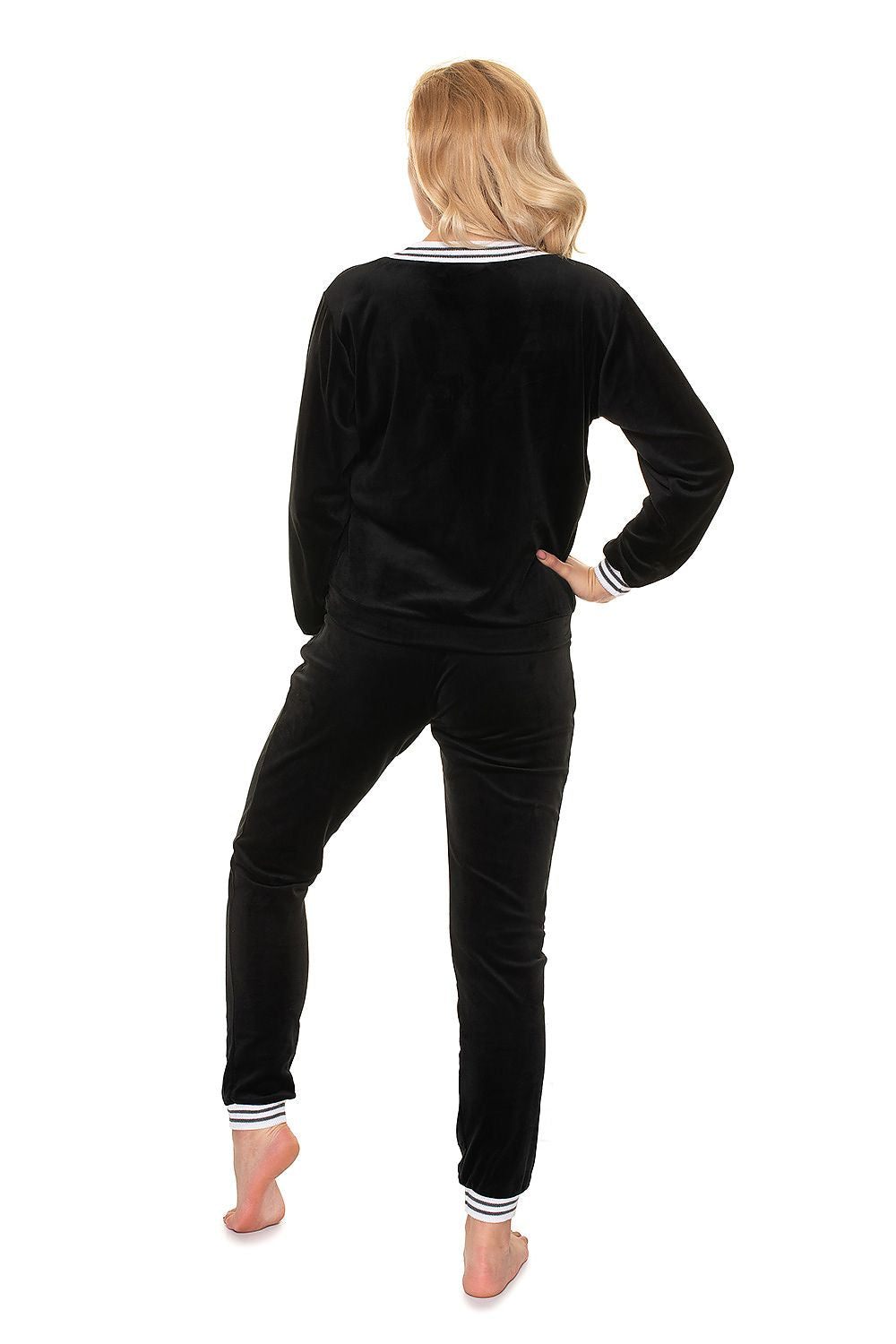 Luxury Velour Tracksuit Set with V Neckline & Contrasting Piping - Back View in Black, Combining Sophistication with Comfort. Available in Sizes S/M & L/XL.