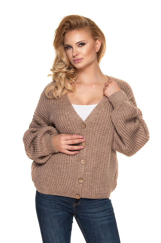 PeeKaBoo Oversized Cardigan Sweater with Wooden Buttons, Cozy Knit, Elegant Style. A model showcases this luxurious cardigan featuring a stylish V-neck, long sleeves, and wooden button fastenings, accentuating its sophisticated charm.
