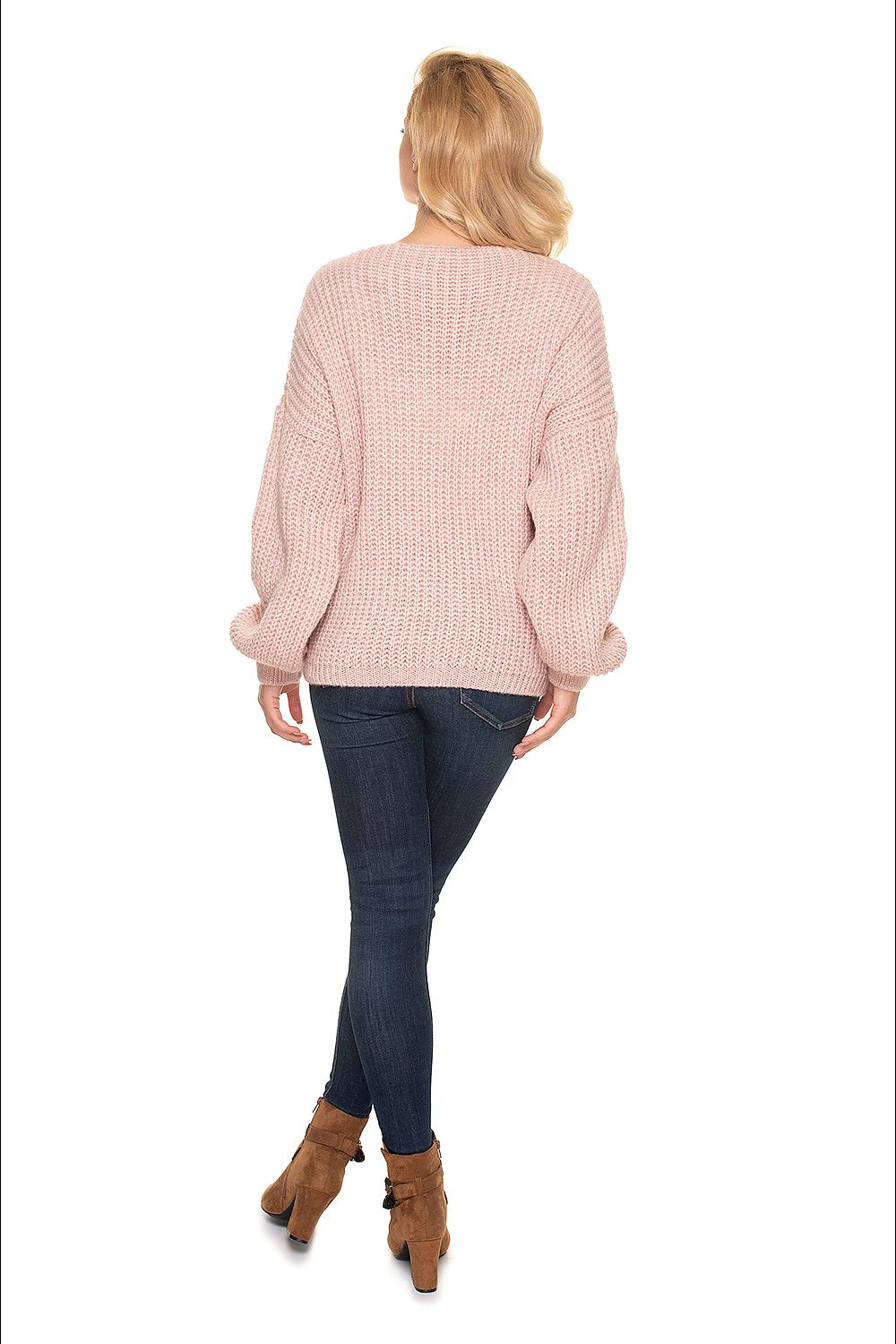 PeeKaBoo Oversized Cardigan Sweater with Wooden Buttons, Cozy Knit, Elegant Style - Back view of a model in a pink oversized cardigan sweater, perfectly styled with dark jeans and chic ankle boots.