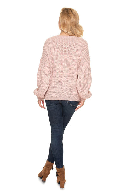 PeeKaBoo Oversized Cardigan Sweater with Wooden Buttons, Cozy Knit, Elegant Style - Back view of a model in a pink oversized cardigan sweater, perfectly styled with dark jeans and chic ankle boots.
