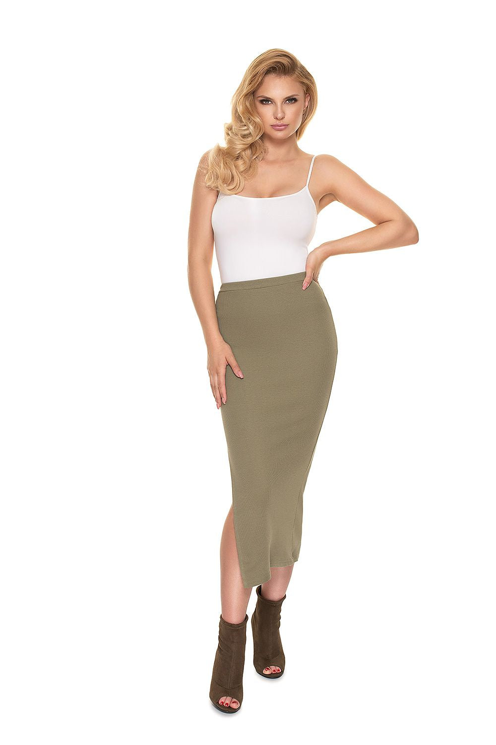 PeeKaBoo Fitted Pencil Skirt with Side Opening in olive green, beautifully pairing with stylish boots, featuring a flattering fit and side slit for a modern, elegant touch.