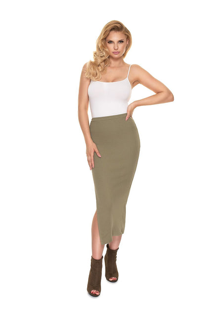 PeeKaBoo Fitted Pencil Skirt with Side Opening in olive green, beautifully pairing with stylish boots, featuring a flattering fit and side slit for a modern, elegant touch.