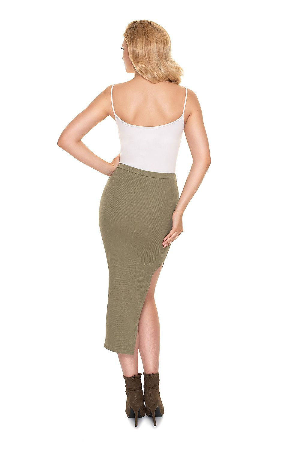 Back view of the PeeKaBoo Fitted Pencil Skirt with Side Opening in olive green, showcasing the graceful design and luxurious fabric that contours elegantly to the body.