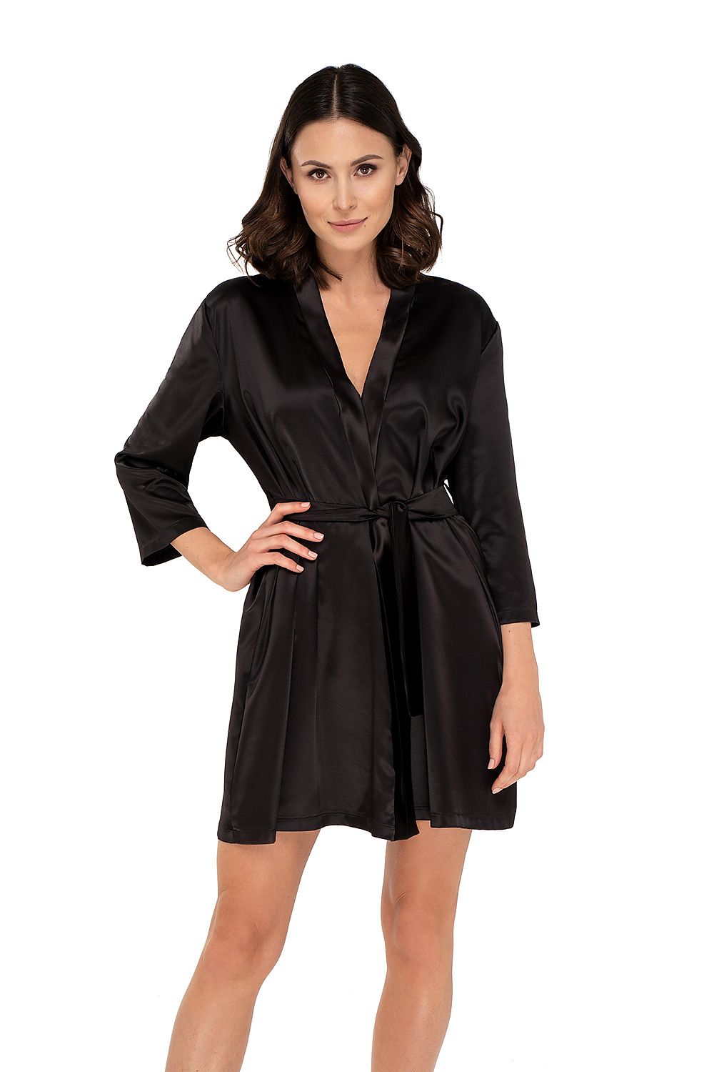 Luxurious Babella black satin bathrobe with belt and 7/8 sleeves, elegantly displayed by a model, showcasing the soft satin fabric.