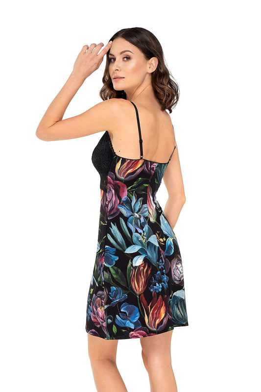 Babella Sexy Nightdress with Hand-Painted Peonies, featuring a model from the back, highlighting the exquisite lace top and stunning floral design, perfect for a sophisticated nightwear selection.