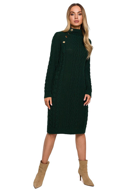 Elegant Knee-Length Turtleneck Dress with Gold Buttons by Moe, showcasing a model wearing the luxury sweater dress in a rich green hue, adorned with gold button details.
