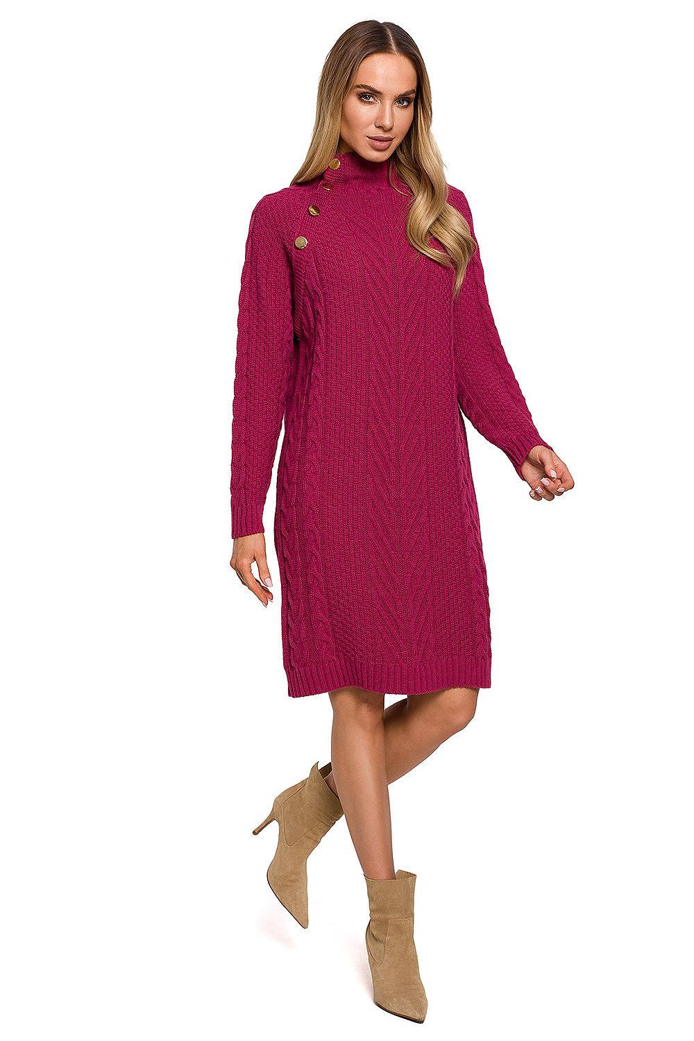 Moe Daydress - Elegant knee-length turtleneck dress adorned with gold buttons, featuring a rich berry colour, perfect for sophisticated occasions.