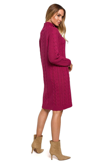 Moe Daydress - Elegant knee-length turtleneck dress with gold buttons, showcasing a stunning berry shade from the back, emphasising a luxurious silhouette.