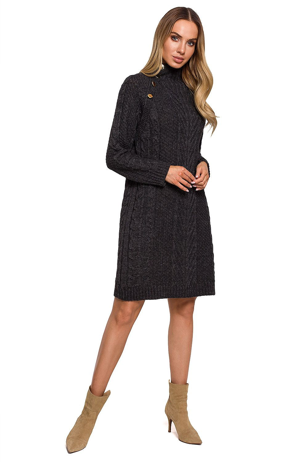 Moe Daydress - Elegant knee-length turtleneck dress with gold buttons, displayed in a chic charcoal colour, ideal for winter styling.