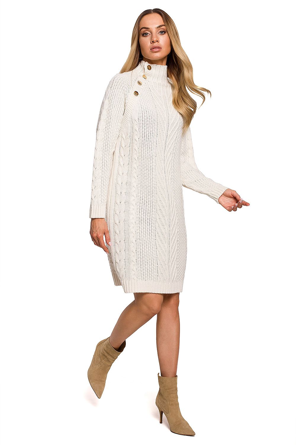 Moe Daydress - Elegant knee-length turtleneck dress enhanced with gold buttons, presented in an immaculate white shade, epitomising luxury and style.