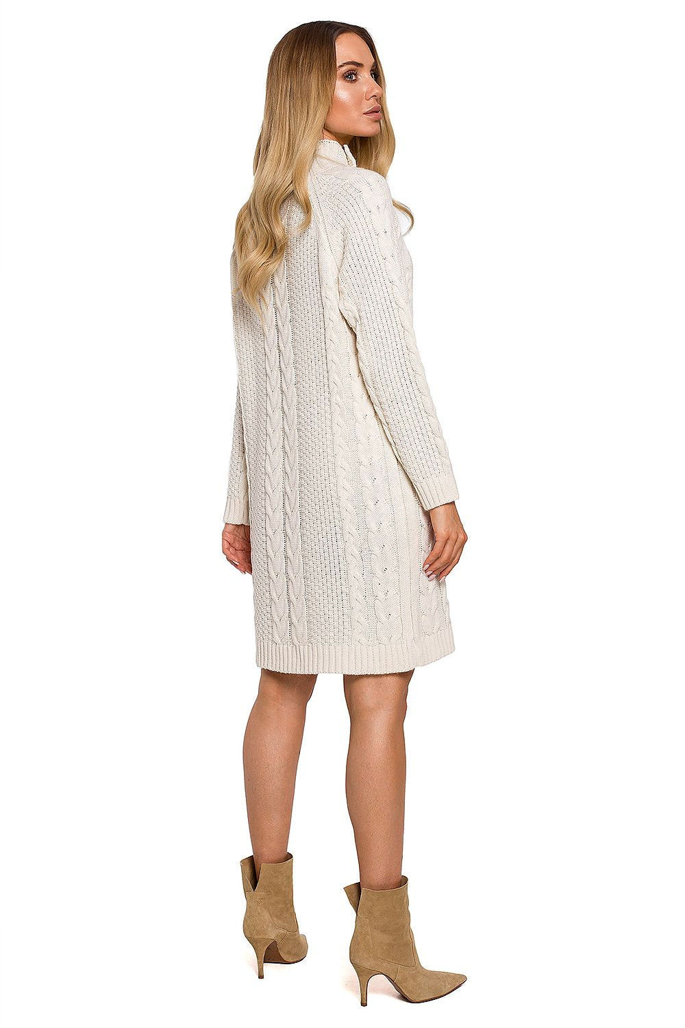 Elegant Knee-Length Turtleneck Dress with Gold Buttons - Moe Daydress, showcased on a model from the back, highlighting the stylish design with intricate cable knit details and luxurious fabric, perfect for sophisticated autumn and winter attire.