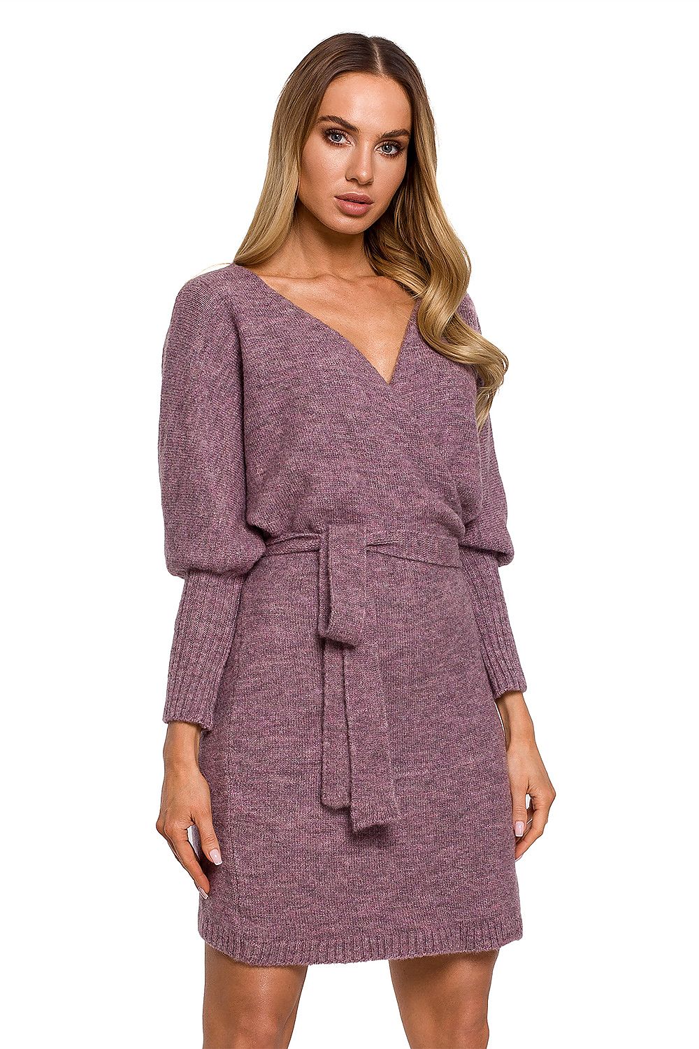 Elegant Moe Sweater Dress with Side Ties, Wide Sleeves, and Deep Overlap Neckline in a rich mauve hue, showcasing a stylish silhouette and luxuriously textured fabric.