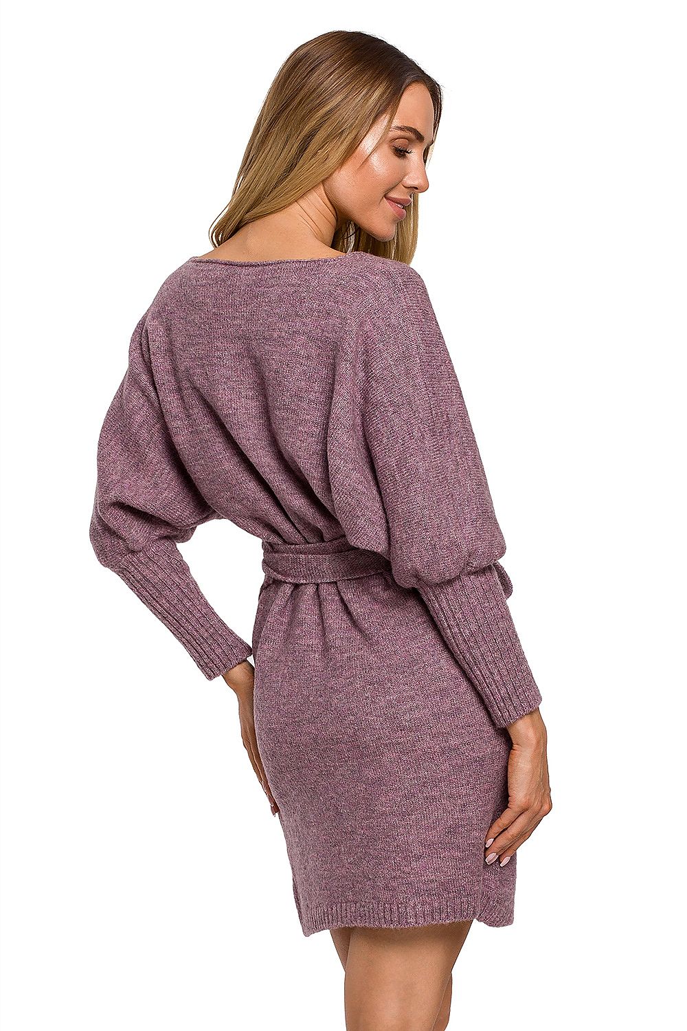 Elegant Moe Sweater Dress with Side Ties, Wide Sleeves, and Deep Overlap Neckline, featuring a chic back view that highlights its flattering design.