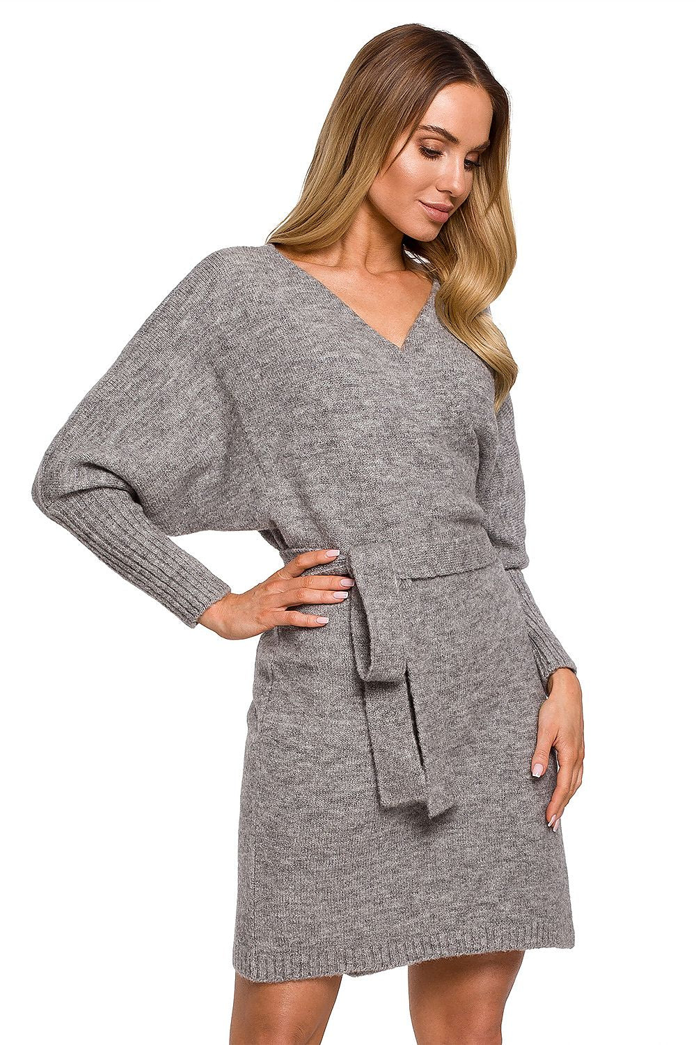 Elegant Moe Sweater Dress with Side Ties, Wide Sleeves, and Deep Overlap Neckline in a refined grey shade, exuding timeless elegance and comfort.