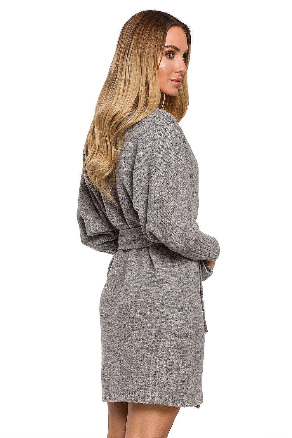 Back view of the Elegant Moe Sweater Dress with Side Ties, Wide Sleeves, and Deep Overlap Neckline, highlighting the luxurious texture and wrap-around design in a chic grey shade.
