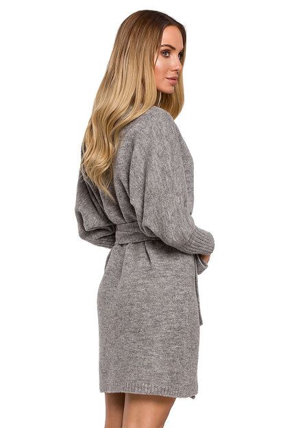 Back view of the Elegant Moe Sweater Dress with Side Ties, Wide Sleeves, and Deep Overlap Neckline, highlighting the luxurious texture and wrap-around design in a chic grey shade.