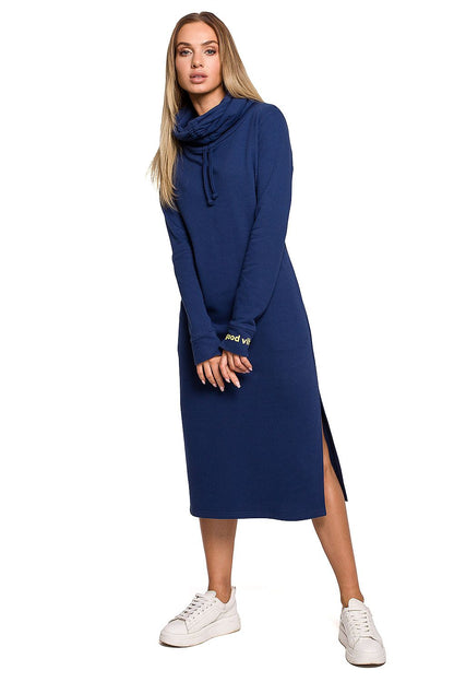 Luxury Knitted Maxi Dress with Side Slit, High Collar & Pockets by Moe in deep navy blue, reflecting a blend of comfort and modern elegance with side slit.