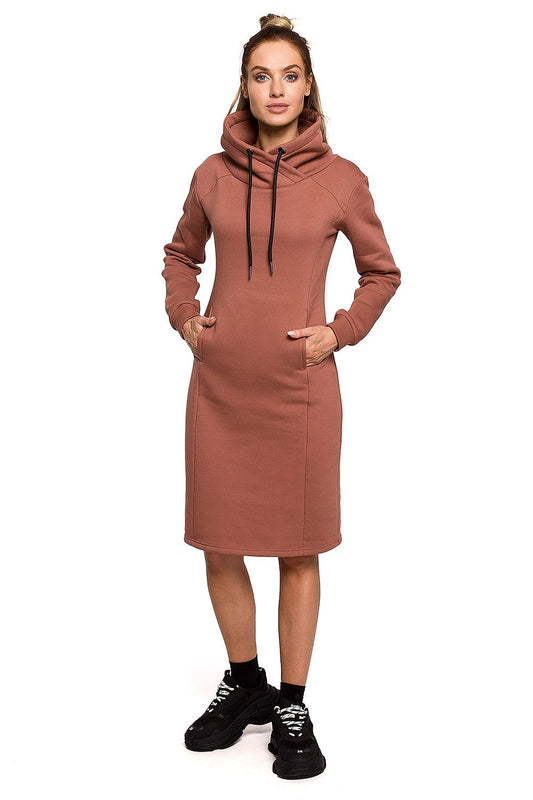 Luxury Knee-Length Moe Dress With High Collar - Comfortable Knitwear For Cold Days, featuring a stylish high-collared design in a warm hue, perfect for cold weather.