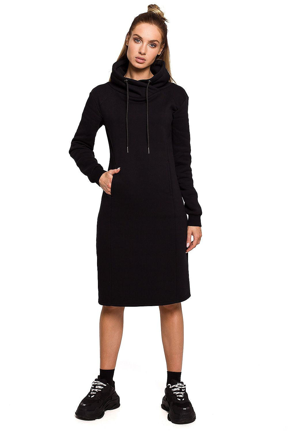 Luxury Knee-Length Moe Dress With High Collar displayed on a model, showcasing comfortable knitwear for cold days.