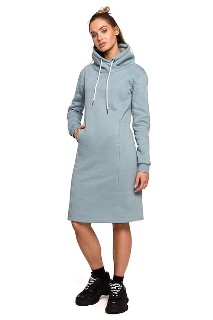 Model wearing the Luxury Knee-Length Moe Dress With High Collar in a soft blue colour, perfect for luxurious comfort on chilly days.