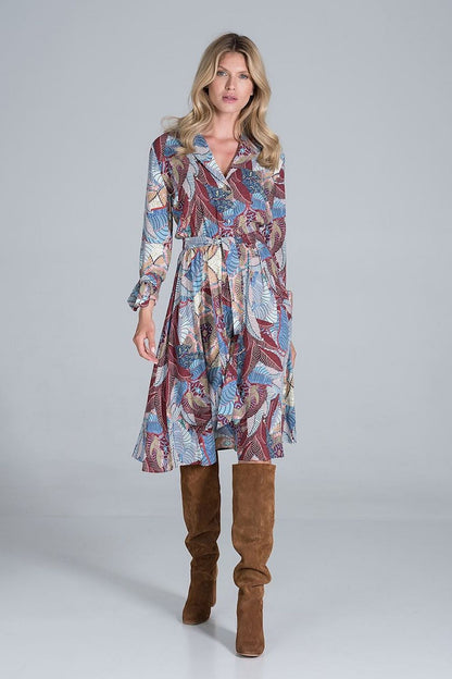 Elegant Midi Dress by Figl with Jacket-Style V-Neck, Flared Hem & Tie Belt, modelled elegantly in a vibrant print and knee-high brown boots, highlighting its luxurious fabric.