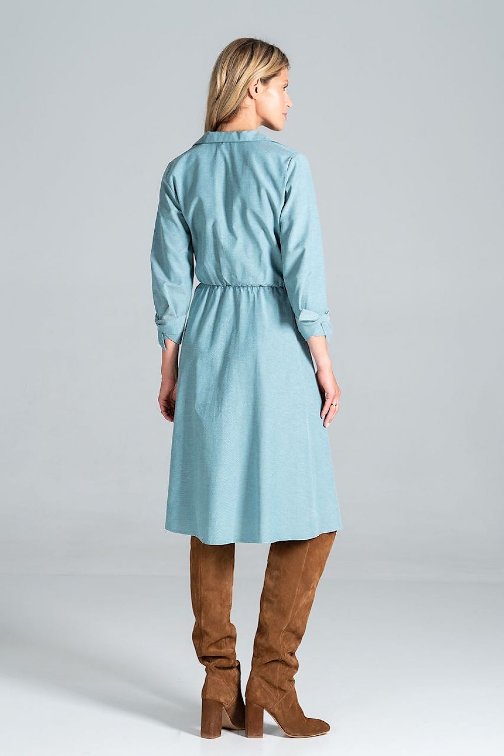 Back view of the Elegant Midi Dress by Figl with Jacket-Style V-Neck, Flared Hem & Tie Belt, highlighting the elegant silhouette and sleek style.