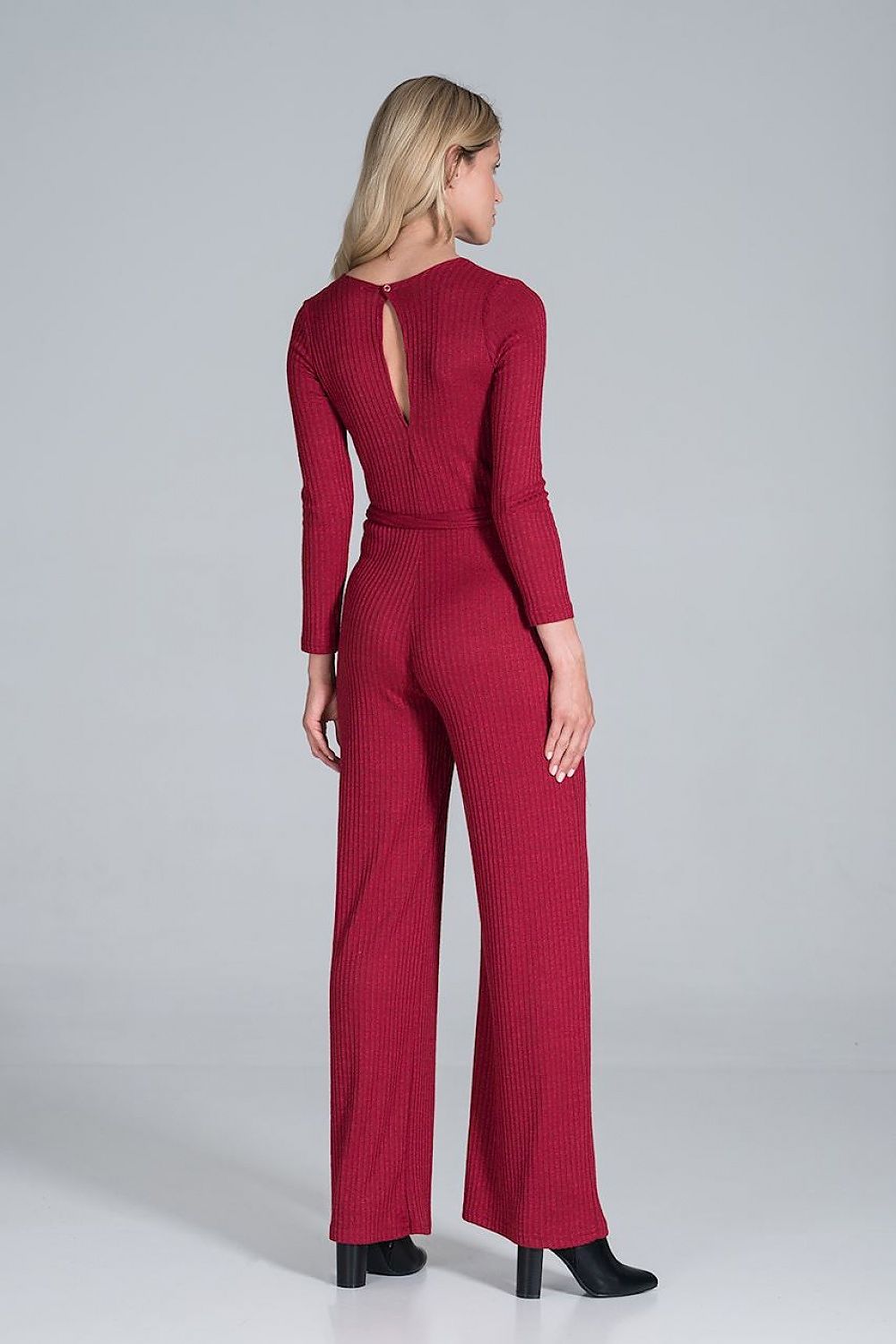 Elegant Figl Wide-Legged Jumpsuit with Back Slit in Flowing Ribbed Knit, displayed from the back, showcasing the intricate ribbed texture and stylish back detail.