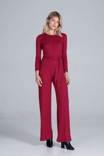 Elegant Figl Wide-Legged Jumpsuit with Back Slit in Flowing Ribbed Knit, featured front view highlighting the sophisticated design and belted waist.