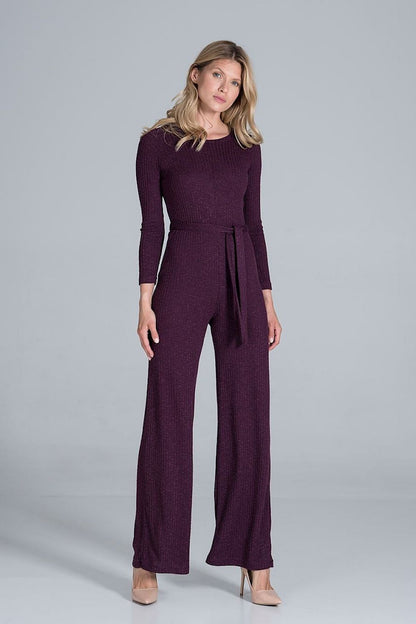 Elegant Figl Wide-Legged Jumpsuit with Back Slit in Flowing Ribbed Knit, showing a sophisticated front view with a flattering silhouette.