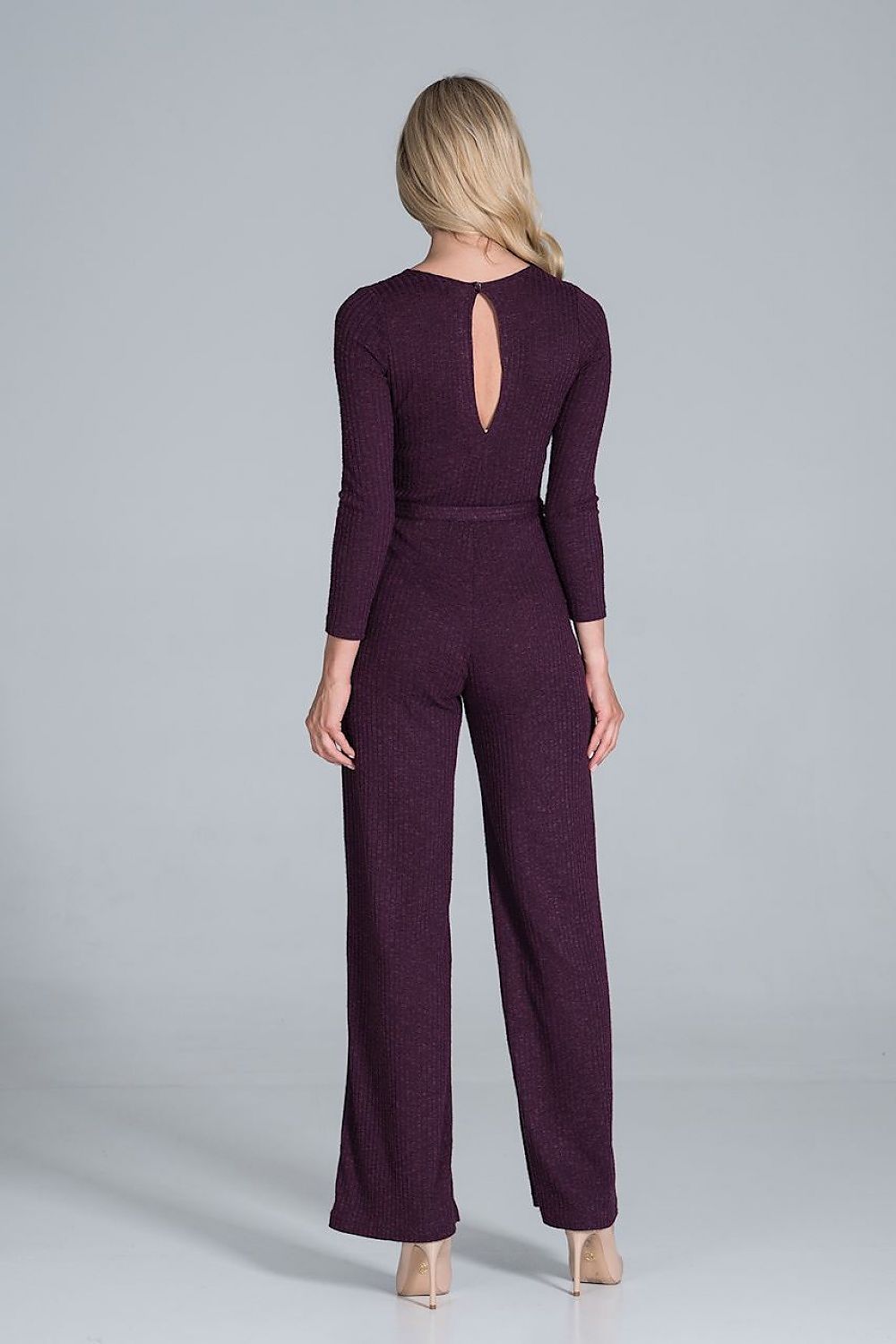 Elegant Figl Wide-Legged Jumpsuit with Back Slit in Flowing Ribbed Knit, displayed from the back in a striking plum tone, emphasising the fashionable back slit design.
