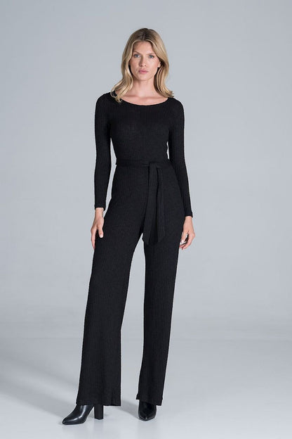Elegant Figl Wide-Legged Jumpsuit with Back Slit in Flowing Ribbed Knit, presented in classic black, designed with long sleeves and a chic belt, embodying timeless elegance.