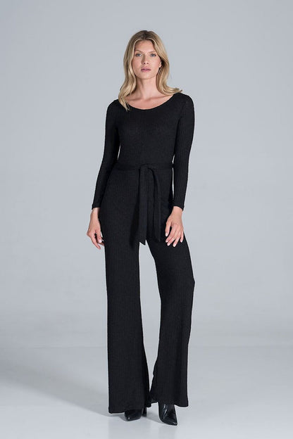 Elegant Figl Wide-Legged Jumpsuit with Back Slit in Flowing Ribbed Knit, elegantly styled in black, featuring long sleeve design and a flattering waist tie, perfect for upscale occasions.