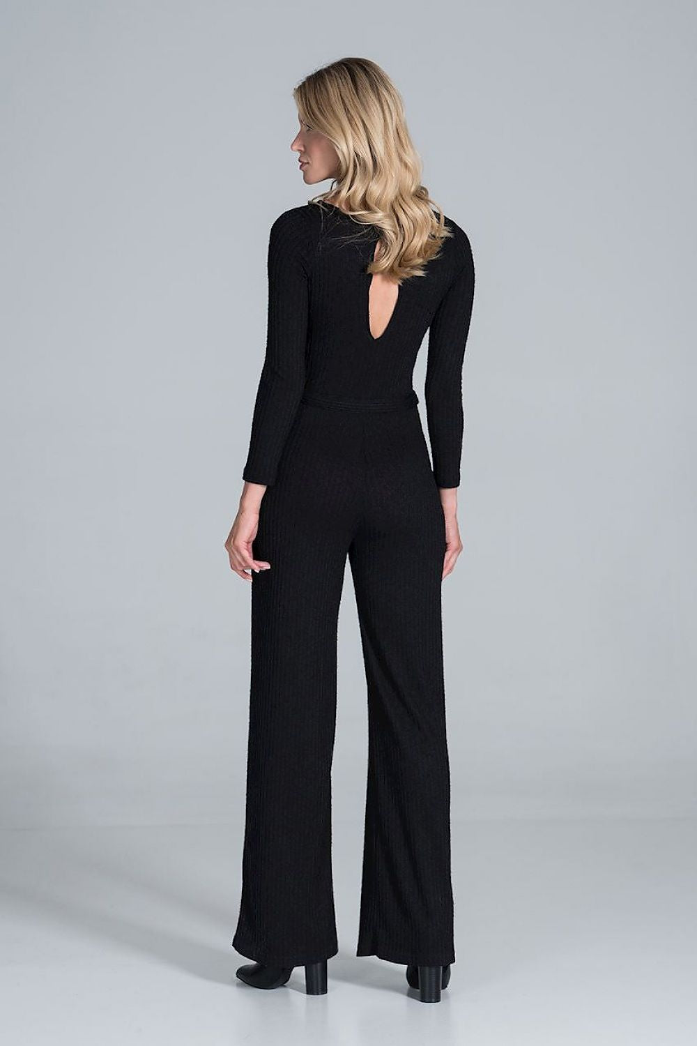 Elegant Figl Wide-Legged Jumpsuit with Back Slit in Flowing Ribbed Knit, viewed from the back in sophisticated black, highlighting the stylish back slit and luxurious fabric.