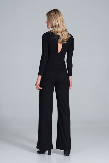 Elegant Figl Wide-Legged Jumpsuit with Back Slit in Flowing Ribbed Knit, viewed from the back in sophisticated black, highlighting the stylish back slit and luxurious fabric.