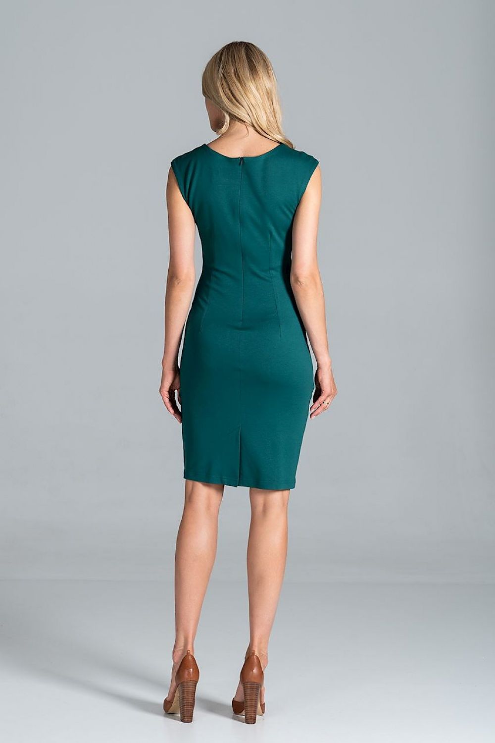 Back view of the Elegant Figl Fitted Midi Dress, showcasing the elegant silhouette and luxurious fabric blend for a refined look.