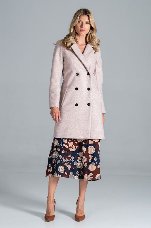 Luxury Figl Knee-Length Autumn Coat with Jacket Collar, featuring a 6-Button Closure and Belt, elegantly styled in soft pink, paired with a floral skirt.