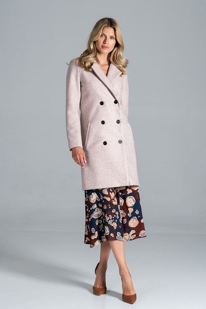 Luxury Figl Knee-Length Autumn Coat with Jacket Collar, showcasing a sophisticated 6-Button Closure and Belt, beautifully displayed in a soft pink aesthetic.