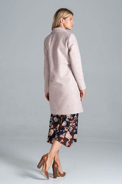 Luxury Figl Knee-Length Autumn Coat with Jacket Collar, revealing a 6-Button Closure and Belt, designed in chic soft pink, viewed from the back.