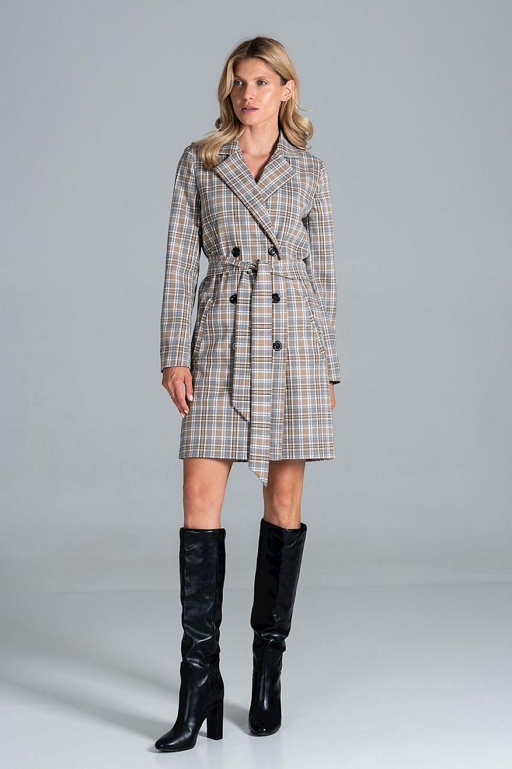 Luxury Figl Knee-Length Autumn Coat with Jacket Collar, highlighting a stylish plaid design with a 6-Button Closure and Belt, complemented by knee-high boots.