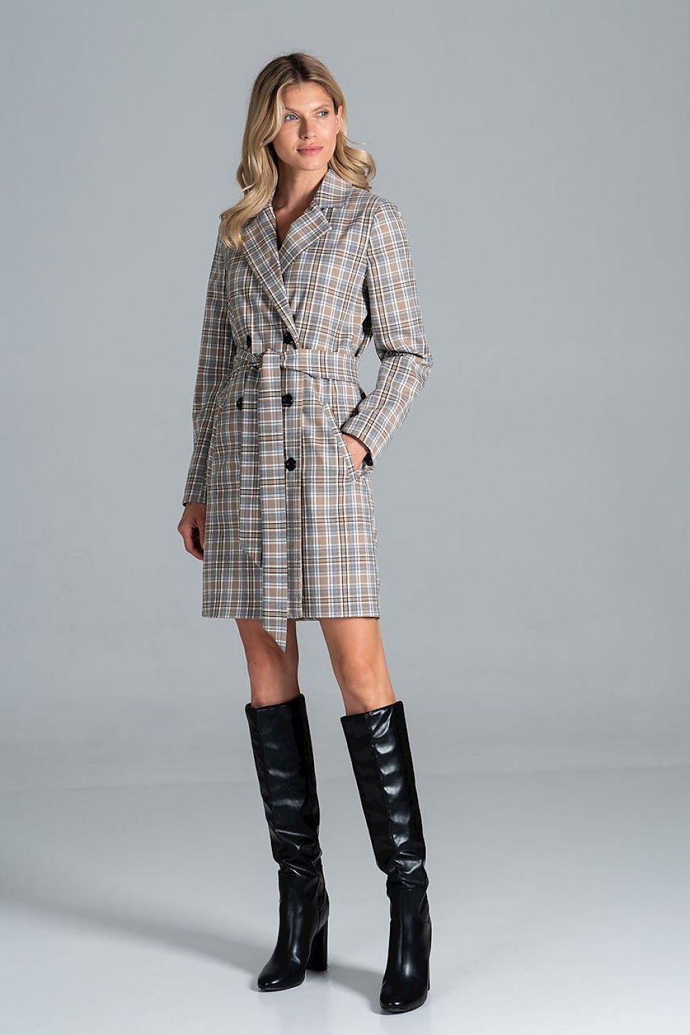 Luxury Figl Knee-Length Autumn Coat with Jacket Collar, 6-Button Closure and Belt worn by a model, showcasing a stylish plaid design with slant pockets.