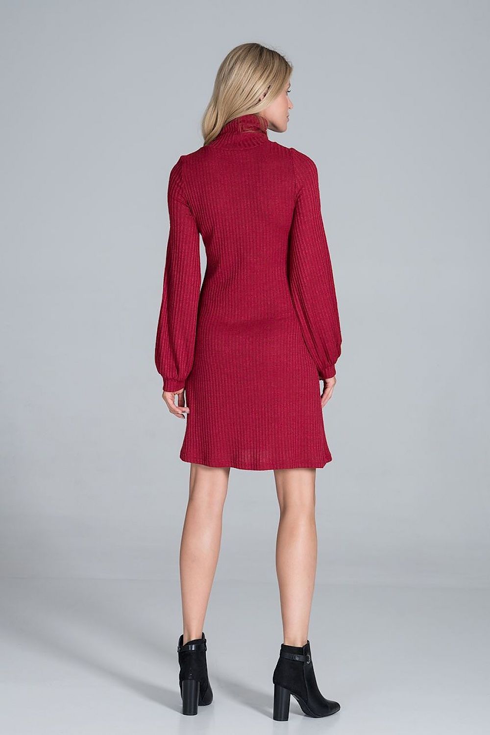 Elegant Turtleneck Midi Dress in Flowing Ribbed Knit by Figl - showcasing a model from the back wearing a long-sleeve burgundy dress with a comfortable fit.
