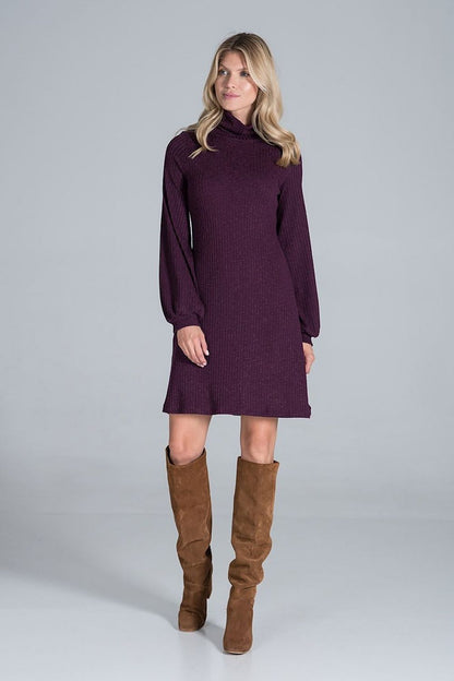 Elegant Turtleneck Midi Dress in Flowing Ribbed Knit by Figl - featuring a model in a long-sleeve purple dress complemented with stylish over-the-knee boots.