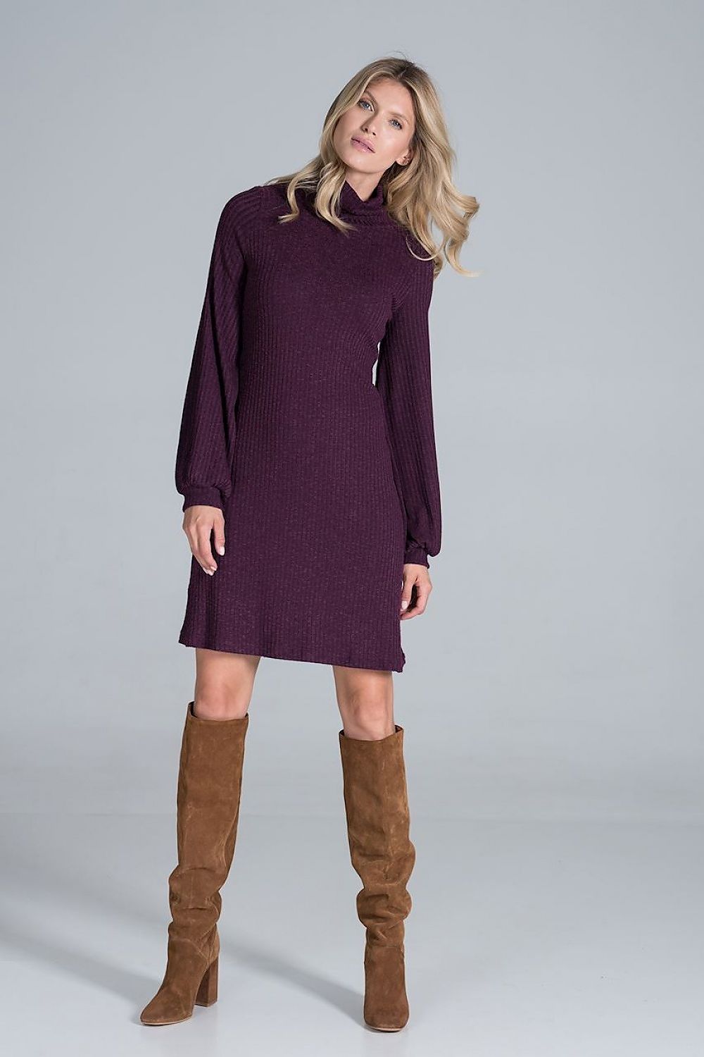 Elegant Turtleneck Midi Dress in Flowing Ribbed Knit by Figl - model in a purple turtleneck dress with voluminous sleeves, paired with fashionable brown knee-high boots.