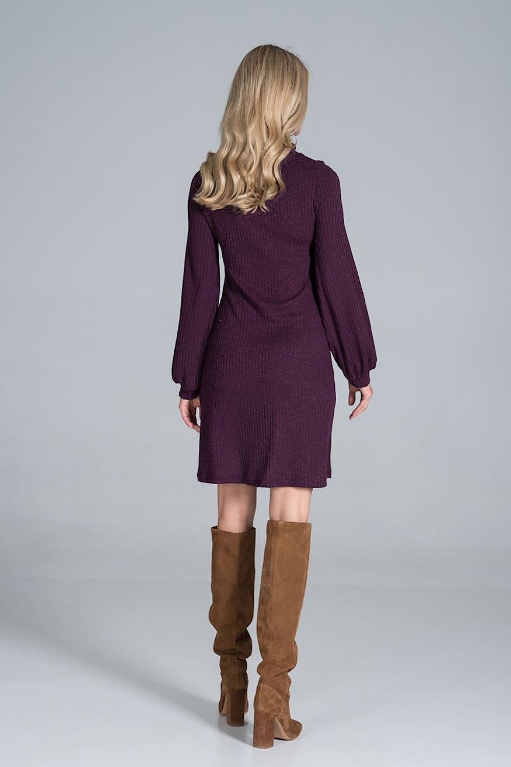 Elegant Turtleneck Midi Dress in Flowing Ribbed Knit by Figl - showcasing a model from the back in a purple turtleneck dress with long, billowy sleeves.