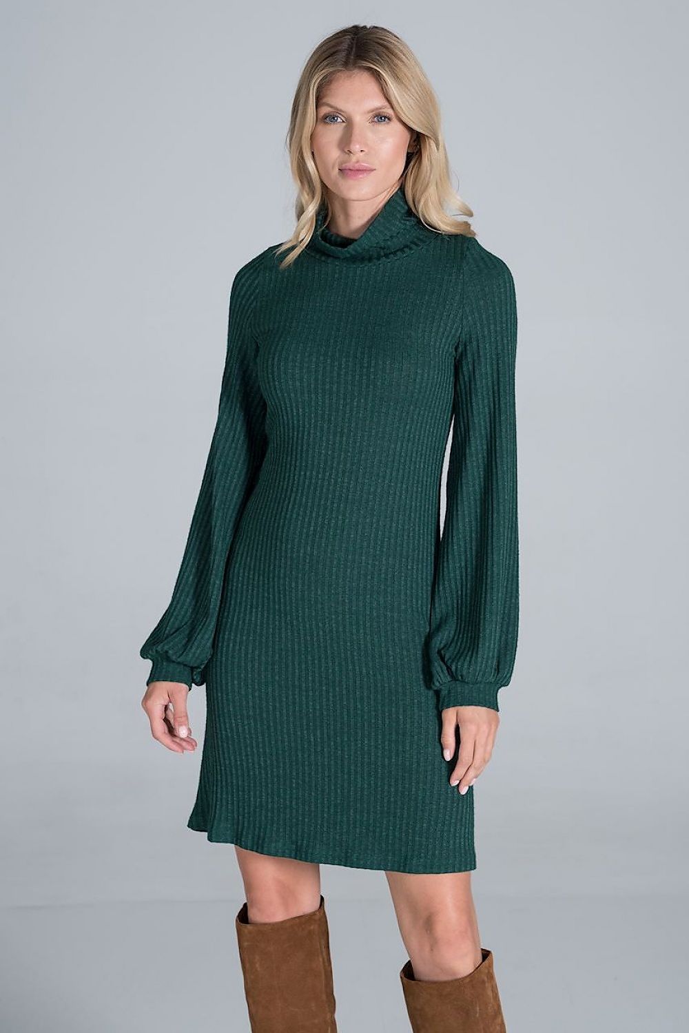 Elegant Turtleneck Midi Dress in Flowing Ribbed Knit by Figl - featuring a model in a long-sleeve green dress, exuding luxury and style with knee-high brown boots.