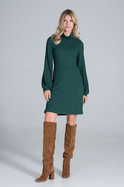 Elegant Turtleneck Midi Dress in Flowing Ribbed Knit by Figl, showcasing the front view with long sleeves, complemented by stylish knee-high brown boots.