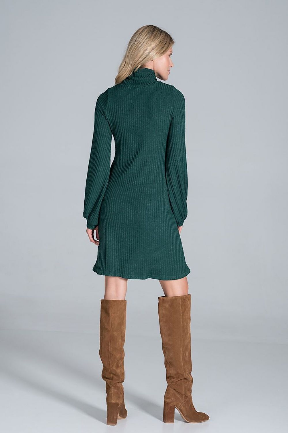 Back view of the Elegant Turtleneck Midi Dress in Flowing Ribbed Knit by Figl, highlighting the long sleeves and comfortable fit.