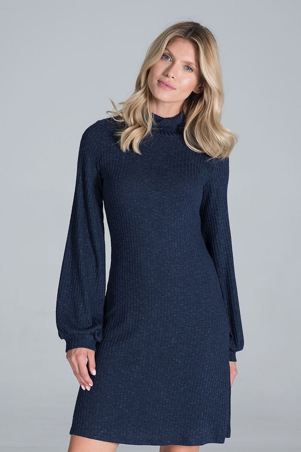 Elegant Turtleneck Midi Dress in Flowing Ribbed Knit by Figl in deep navy blue, showcasing the front view with long sleeves and knee-high brown boots.